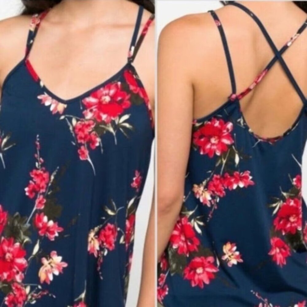 Navy Floral Strappy Tank Top